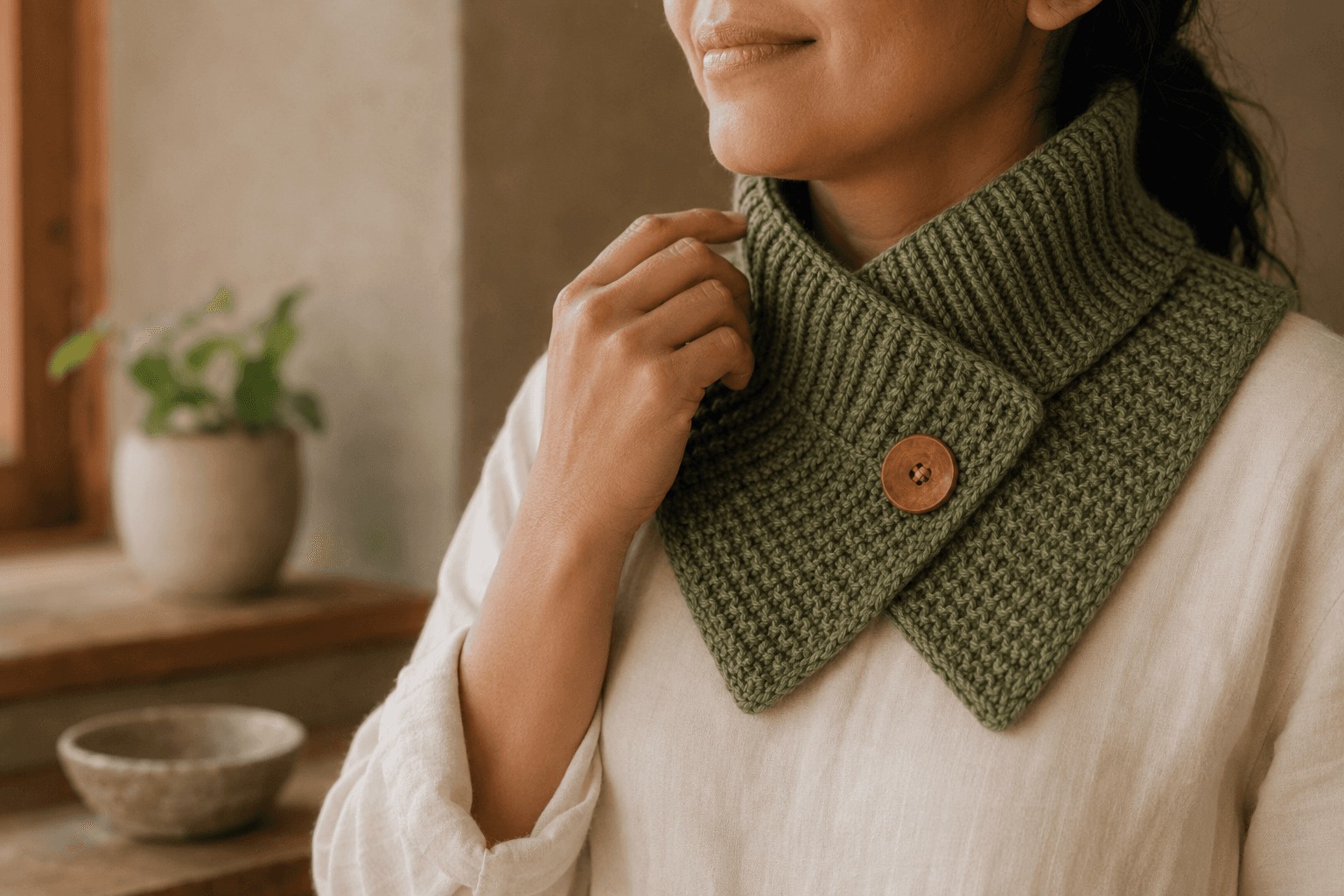 Hand-knitted oatmeal neck warmer