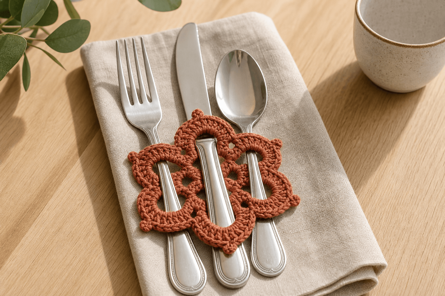 Terracotta crochet cutlery holder on a table