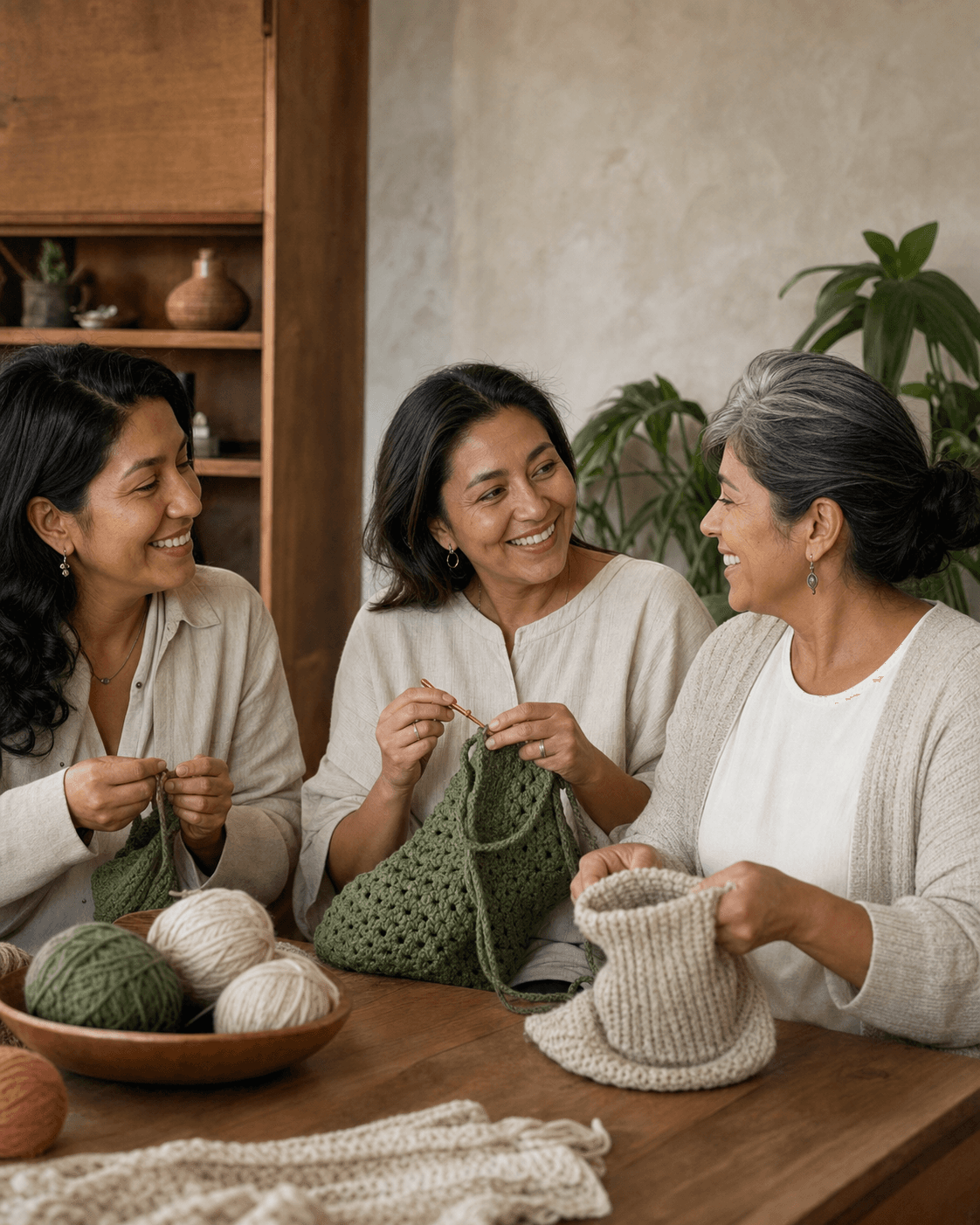 Tres mujeres compartiendo una tarde de tejido