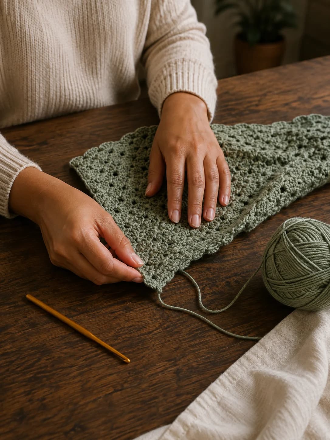Dos manos sobre un tejido salvia, con un ovillo y un ganchillo en una mesa de madera