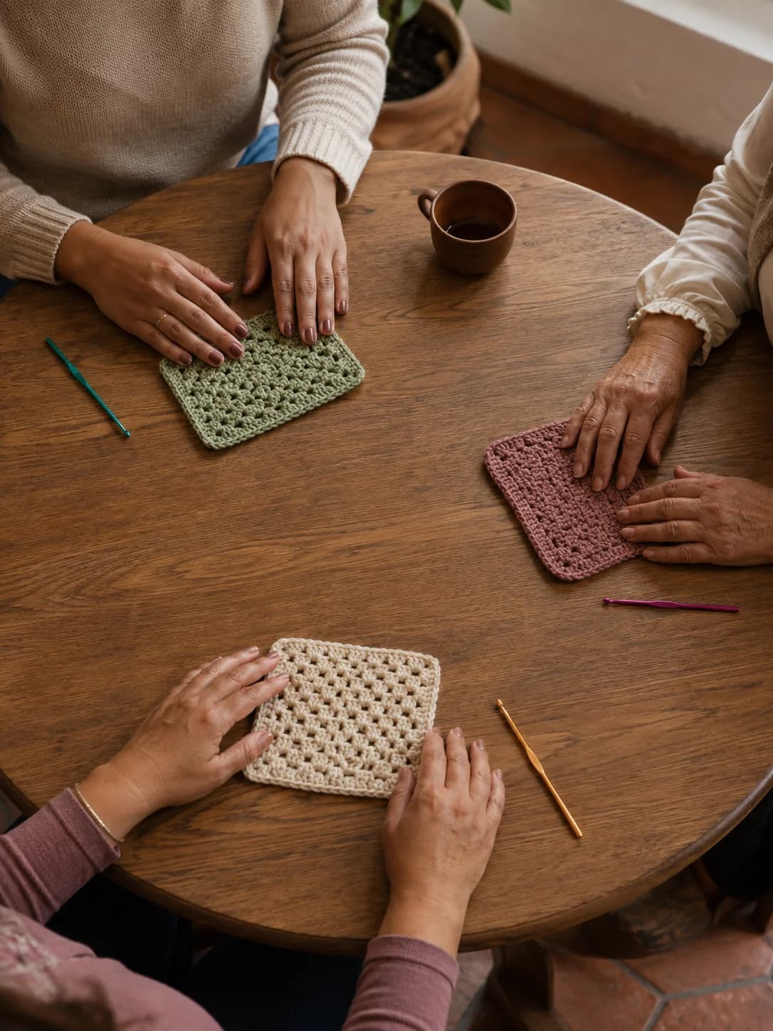 Tres pares de manos alrededor de una mesa con muestras tejidas salvia, rosa y crema, tres ganchillos en reposo y una taza