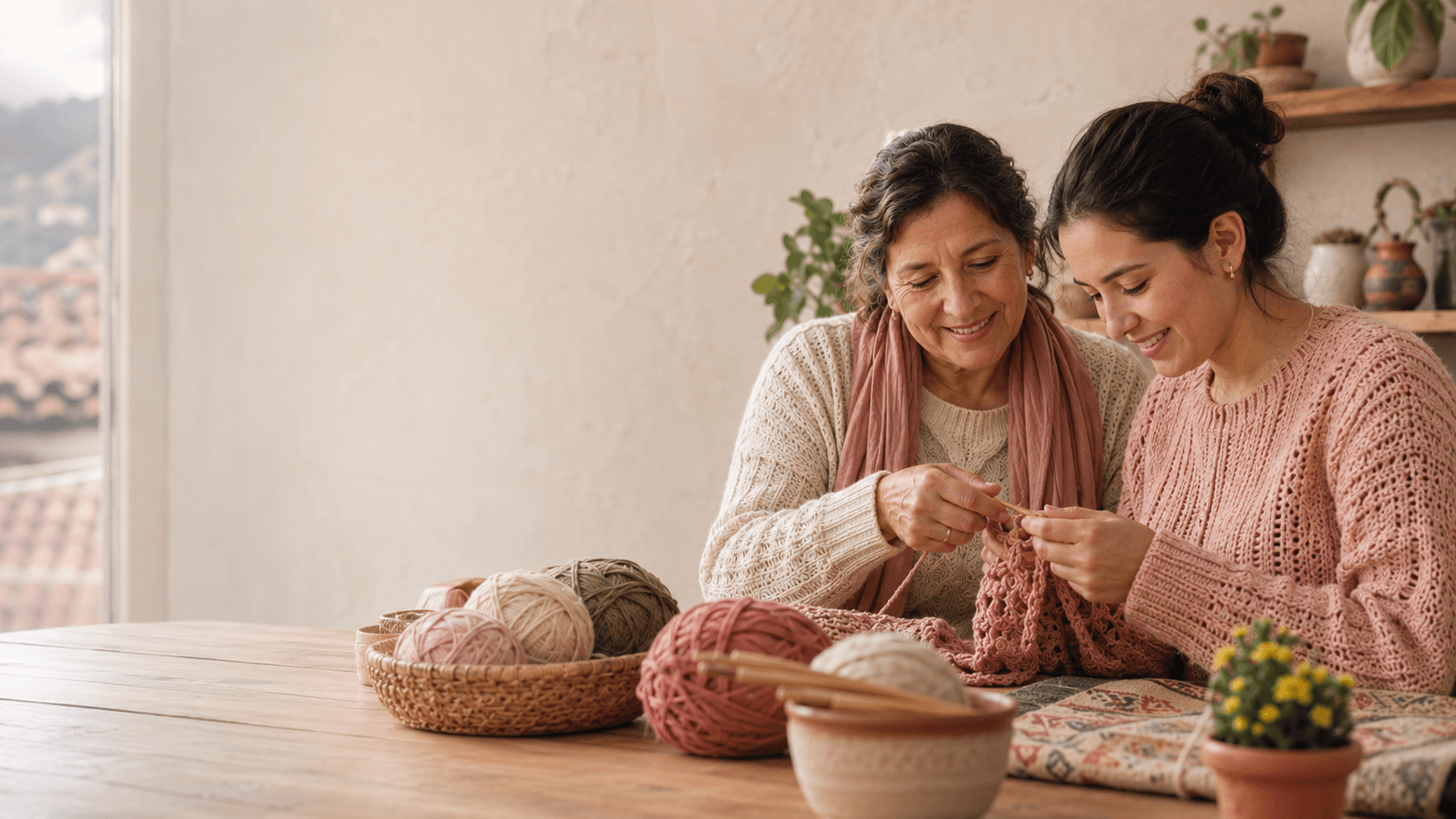 Una mentora ecuatoriana acompaña a una mujer joven mientras aprende crochet